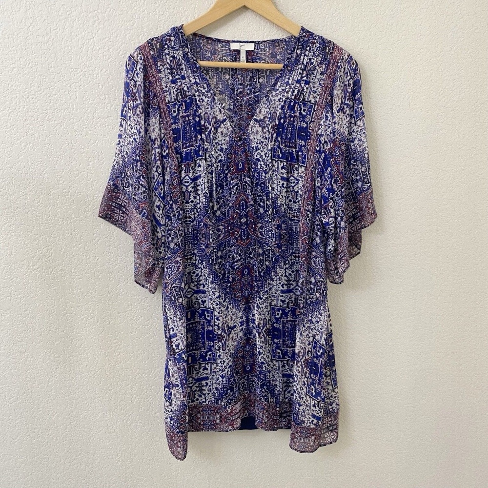 Joie 100% Silk Layered Blouse Top Size XS Lace Up Neckline Short Sleeves